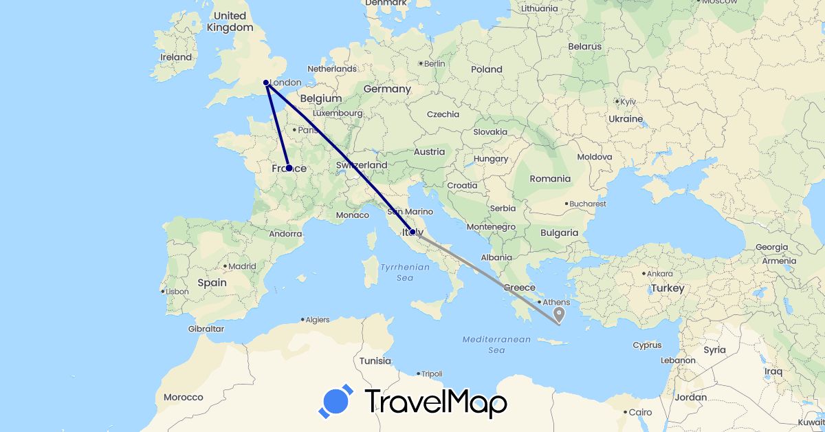 TravelMap itinerary: driving, plane in France, United Kingdom, Greece, Italy (Europe)